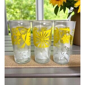 VTG 1950s French Drinking Glasses Set of 3 Yellow Wheat & White Flowers 6.25” T